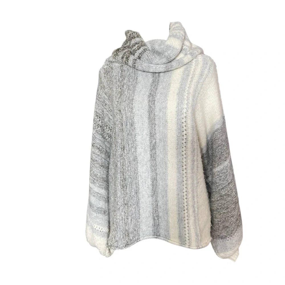 Fate Gray, Blue, & Ivory Cowl Neck Sweater Balloon Sleeves Mohair Alpaca Blend‎